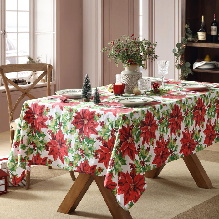 Home Bargains Plus Poinsettia Christmas Fabric Tablecloth, Red Poinsettias and Holly Holiday Floral Print, Winter Dining Table Cover, Holiday Table Decoration