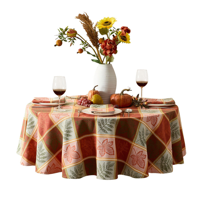 Whispering Leaves Rust Orange Green Plaid Thanksgiving Tablecloth, Woven Fabric
