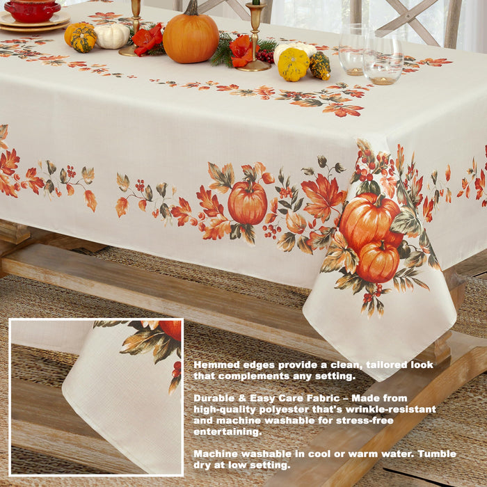 Thanksgiving Traditions Autumn Harvest Tablecloth, Fall Leaves & Pumpkin Border