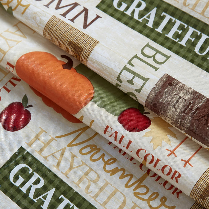 Fall Hayride and Happy Scarecrow Thanksgiving Vinyl Flannel Backed Tablecloth, Gingham Turkeys and Pumpkin by Newbridge