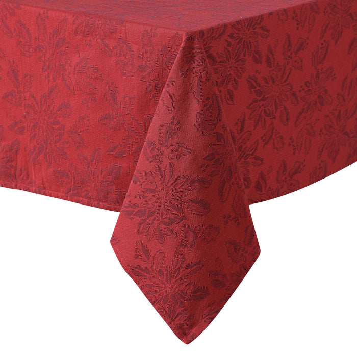 Home Bargains Plus Poinsettia Jacquard Fabric Tablecloth, Red Tone-on-Tone Holiday Floral Pattern, Cotton Blend Christmas Table Cover for Winter Dining