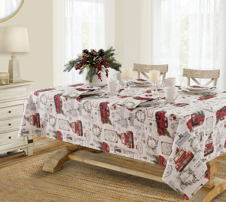 Newbridge Christmas Pine Hill Tree Farm Fabric Tablecloth, Nostalgic Retro Holiday Country Farm Truck No Iron and Stain Resistant Table Cover, Napkins, Placemats and Table Runners for Party, Banquet
