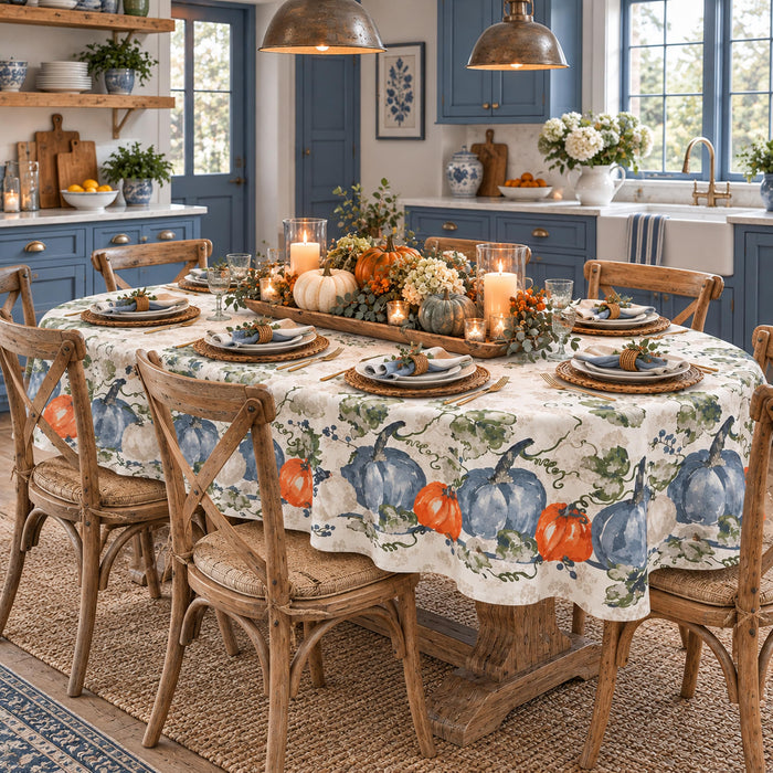 Blue Pumpkin Vines Stone Washed Thanksgiving Fabric Tablecloth, Napkins & Placemats