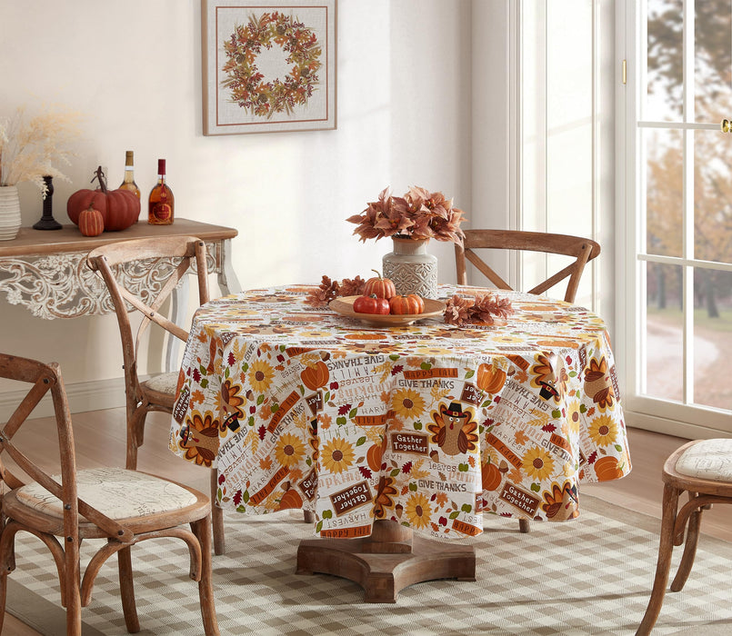 Happy Thanksgiving Turkey Vinyl Flannel Backed Tablecloth, Whimsical Fall Harvest by Newbridge