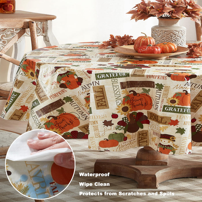 Fall Hayride and Happy Scarecrow Thanksgiving Vinyl Flannel Backed Tablecloth, Gingham Turkeys and Pumpkin by Newbridge
