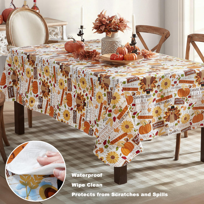 Happy Thanksgiving Turkey Vinyl Flannel Backed Tablecloth, Whimsical Fall Harvest by Newbridge