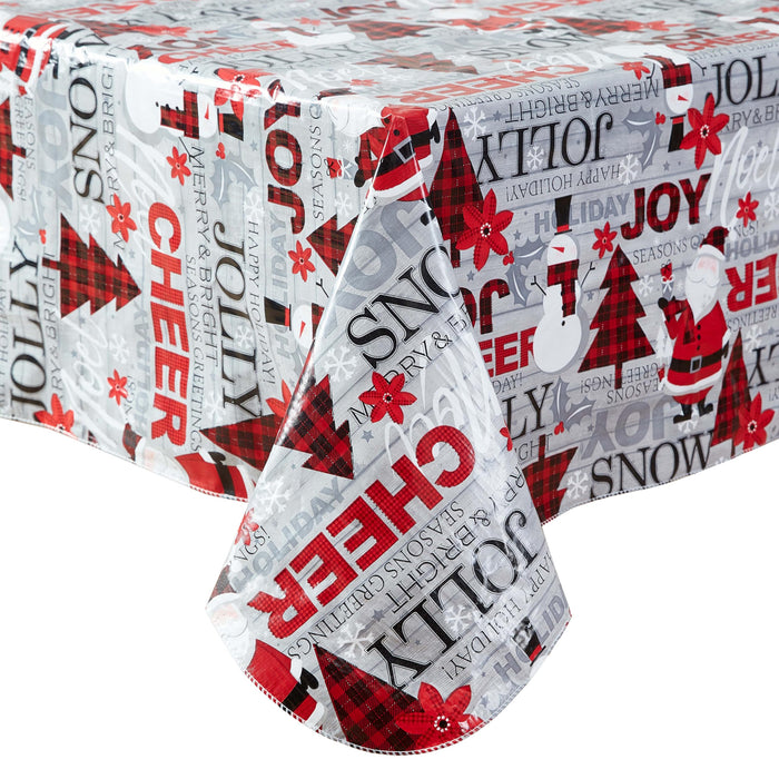 Newbridge Country Plaid Santa and Snowman Christmas Vinyl Flannel Backed Tablecloth - Red Plaid Jolly Santa Print Wipe Clean Easy Care Kitchen, Dining Room Tablecloths