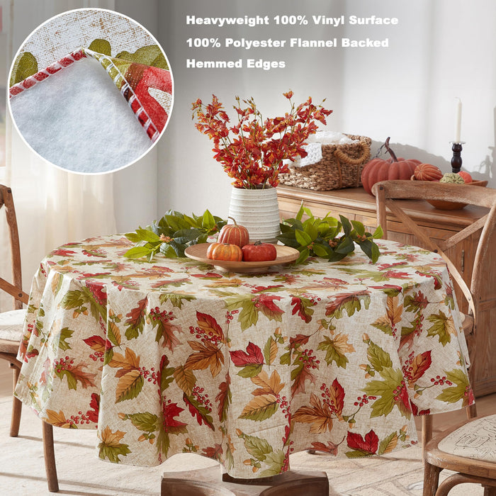 Rustic Fall Acorn and Leaf Print Autumn Vinyl Flannel Backed Tablecloth, Thanksgiving Autumn Leaves by Newbridge
