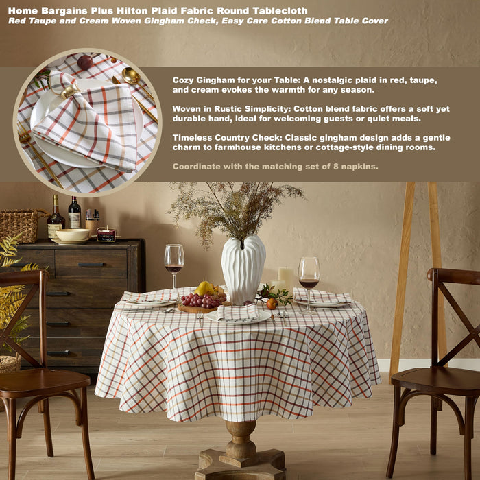 Home Bargains Plus Thanksgiving Hilton Plaid Fabric Tablecloth, Red Taupe Cream Woven Gingham Check Harvest Easy Care Cotton Blend Table Cover and Napkin