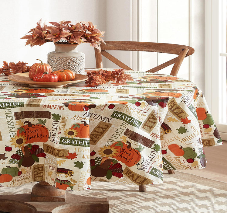 Fall Hayride and Happy Scarecrow Thanksgiving Vinyl Flannel Backed Tablecloth, Gingham Turkeys and Pumpkin by Newbridge
