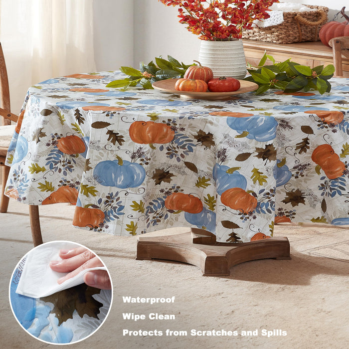Blue Hampstead Farm Pumpkin Field Autumn and Thanksgiving Vinyl Flannel Back Tablecloth by Newbridge