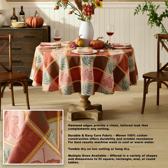 Whispering Leaves Rust Orange Green Plaid Thanksgiving Tablecloth, Woven Fabric