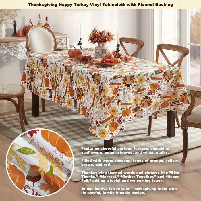 Happy Thanksgiving Turkey Vinyl Flannel Backed Tablecloth, Whimsical Fall Harvest by Newbridge
