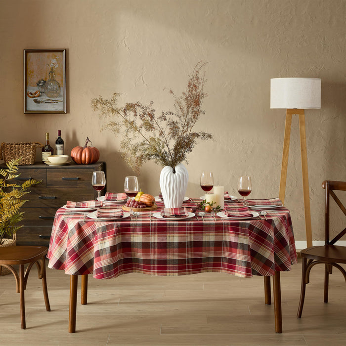 Home Bargains Plus Chambord and Felix Thanksgiving Red Plaid Fabric Tablecloths, Rustic Farmhouse Fall Harvest Easy Care Cotton Blend Table Cover