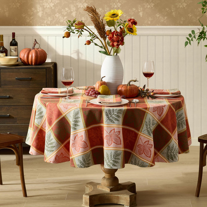 Whispering Leaves Rust Orange Green Plaid Thanksgiving Tablecloth, Woven Fabric