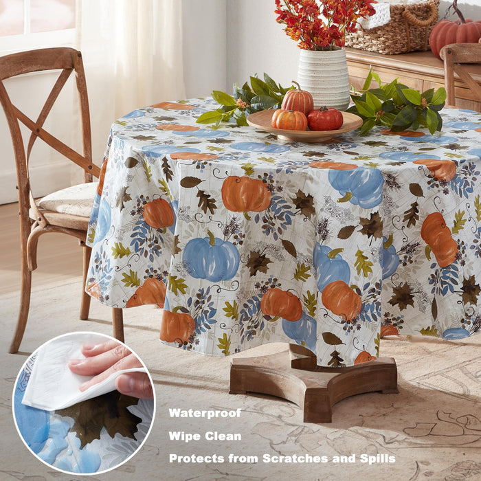 Blue Hampstead Farm Pumpkin Field Autumn and Thanksgiving Vinyl Flannel Back Tablecloth by Newbridge