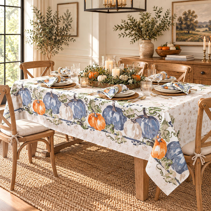 Blue Pumpkin Vines Stone Washed Thanksgiving Fabric Tablecloth, Napkins & Placemats