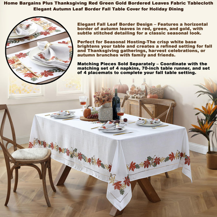 Home Bargains Plus Red Green and Gold Bordered Leaves Fabric Holiday Dining Tablecloth, Napkins, Placemats and Table Runner