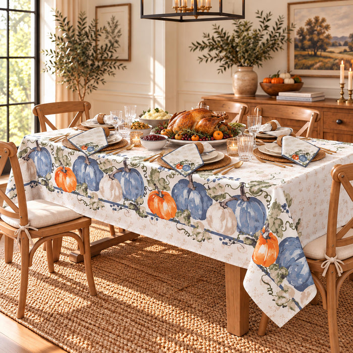 Blue Pumpkin Vines Stone Washed Thanksgiving Fabric Tablecloth, Napkins & Placemats