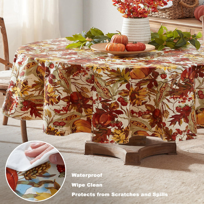 Fall Days Bountiful Harvest Vinyl Flannel Backed Tablecloth - Autumn Leaves, Sunflowers, Corn and Pumpkin Thanksgiving Vinyl Tablecloth by Newbridge