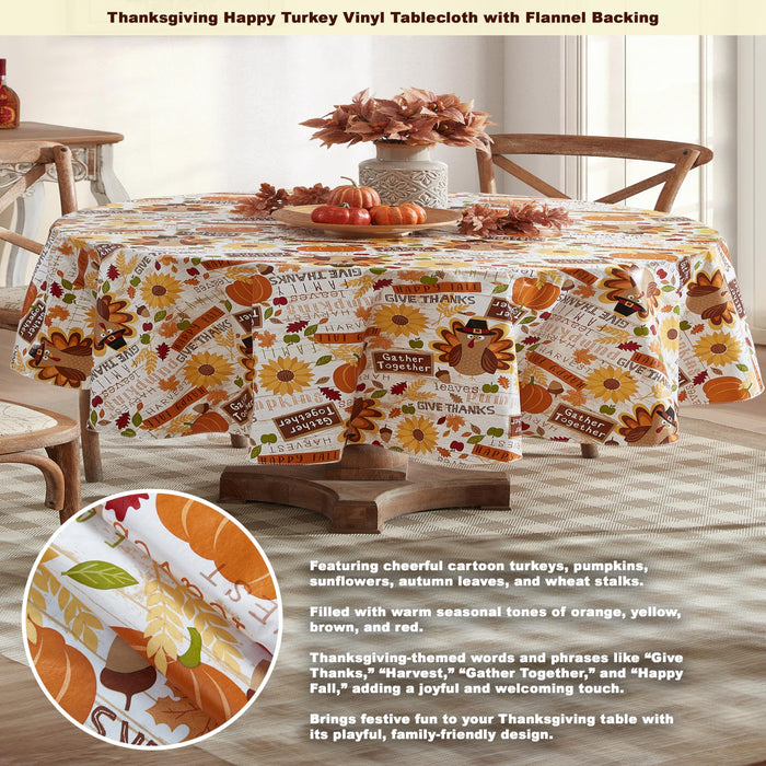 Happy Thanksgiving Turkey Vinyl Flannel Backed Tablecloth, Whimsical Fall Harvest by Newbridge