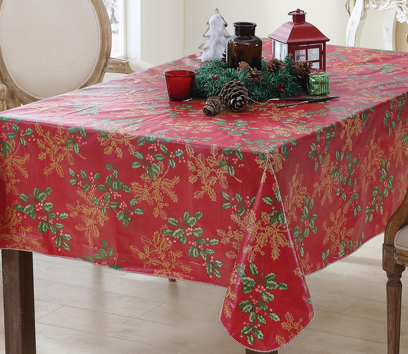 Newbridge Red Golden Holly Christmas Vinyl Tablecloth with Flannel Backing, Metallic Gold Holly & Berry Print, Wipe Clean Easy Care Table Cover