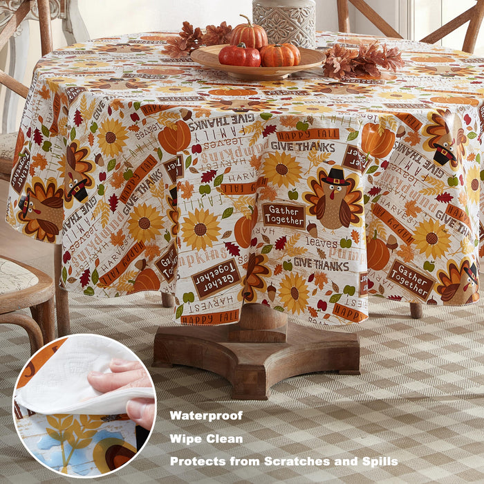 Happy Thanksgiving Turkey Vinyl Flannel Backed Tablecloth, Whimsical Fall Harvest by Newbridge