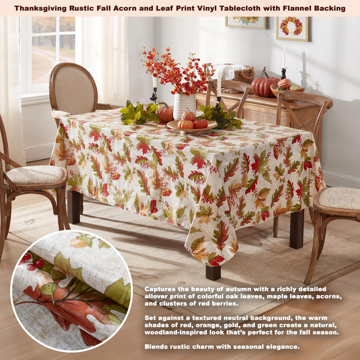 Rustic Fall Acorn and Leaf Print Autumn Vinyl Flannel Backed Tablecloth, Thanksgiving Autumn Leaves by Newbridge