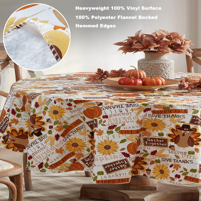 Happy Thanksgiving Turkey Vinyl Flannel Backed Tablecloth, Whimsical Fall Harvest by Newbridge