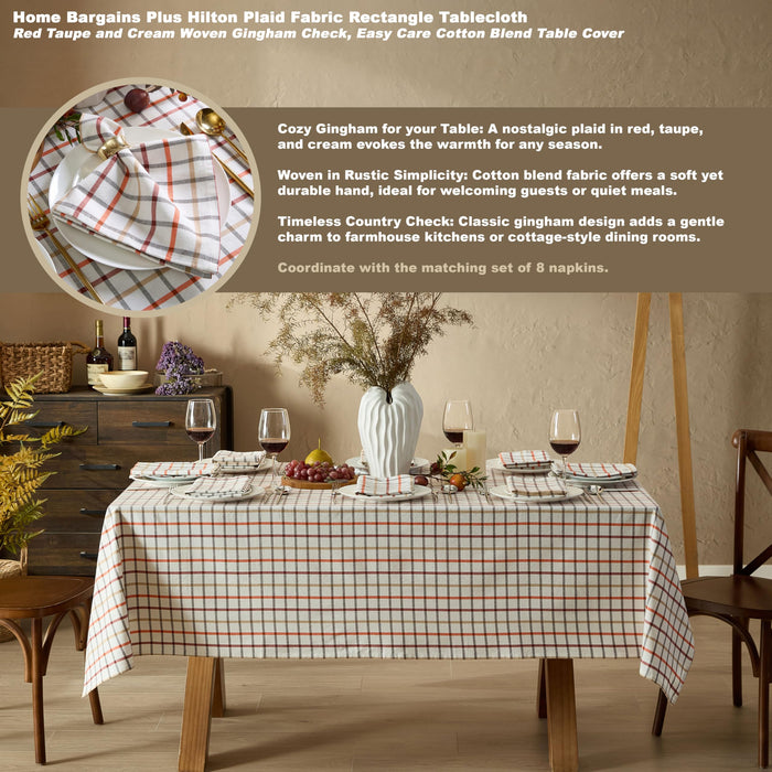 Home Bargains Plus Thanksgiving Hilton Plaid Fabric Tablecloth, Red Taupe Cream Woven Gingham Check Harvest Easy Care Cotton Blend Table Cover and Napkin