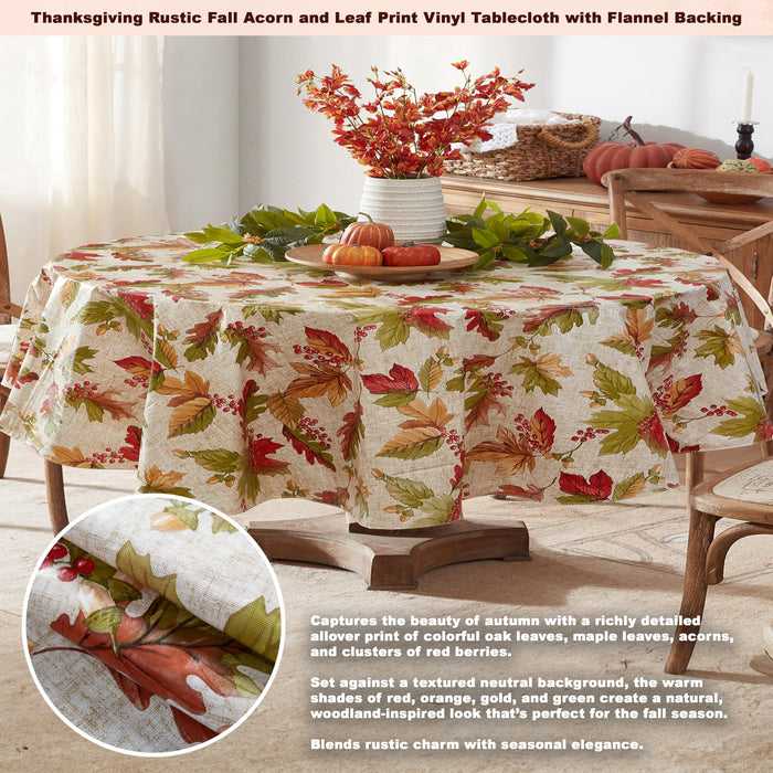Rustic Fall Acorn and Leaf Print Autumn Vinyl Flannel Backed Tablecloth, Thanksgiving Autumn Leaves by Newbridge