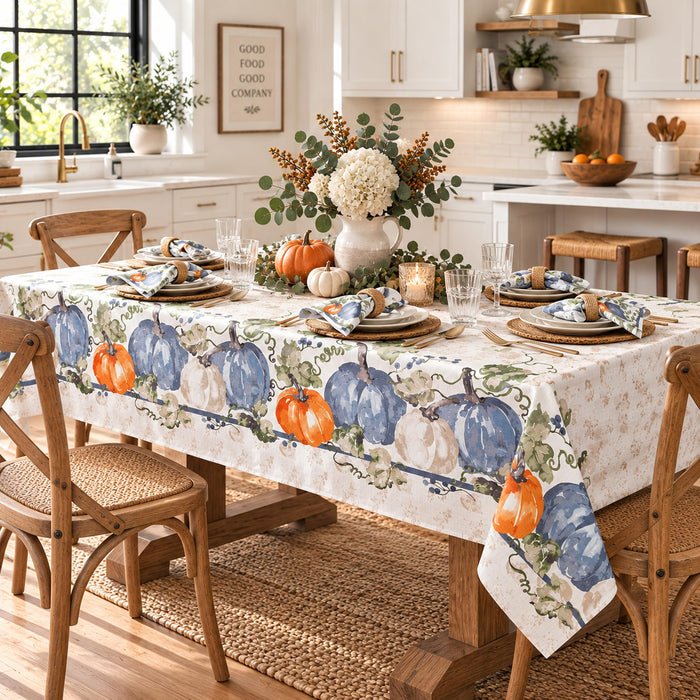 Blue Pumpkin Vines Stone Washed Thanksgiving Fabric Tablecloth, Napkins & Placemats