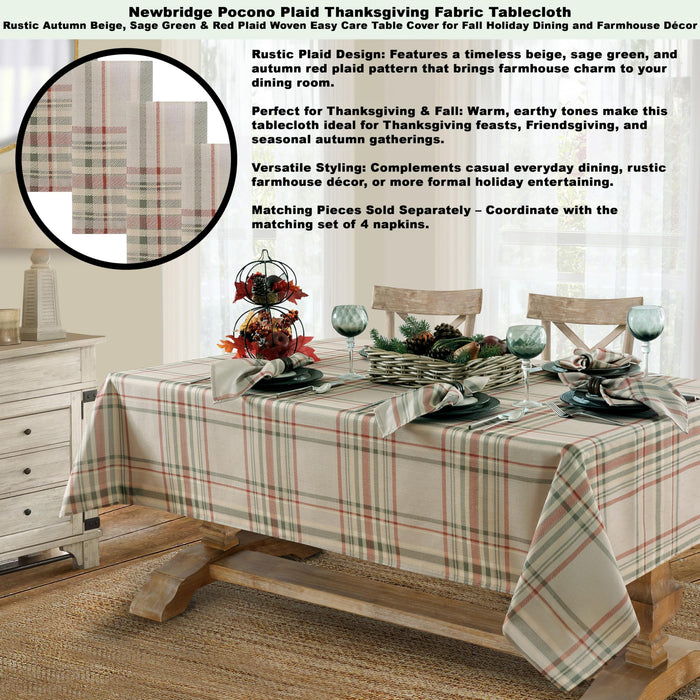 Pocono Plaid Thanksgiving Tablecloth, Farmhouse Green & Rust, Stain Repellent