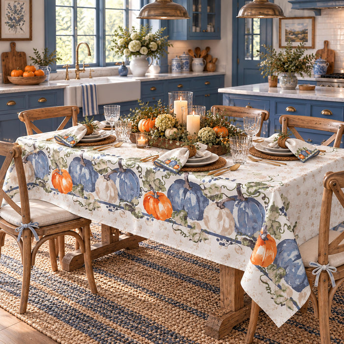 Blue Pumpkin Vines Stone Washed Thanksgiving Fabric Tablecloth, Napkins & Placemats