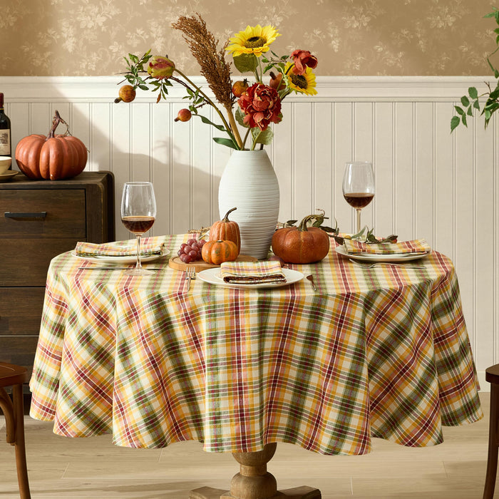 Wheatfield Golden Yellow Plaid Cotton Tablecloth for Fall & Thanksgiving