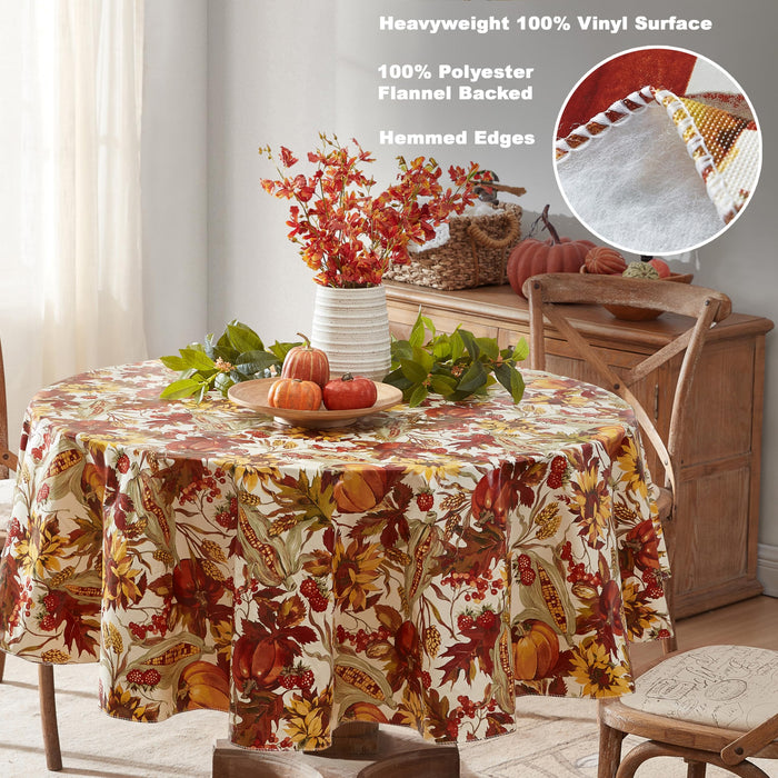 Fall Days Bountiful Harvest Vinyl Flannel Backed Tablecloth - Autumn Leaves, Sunflowers, Corn and Pumpkin Thanksgiving Vinyl Tablecloth by Newbridge