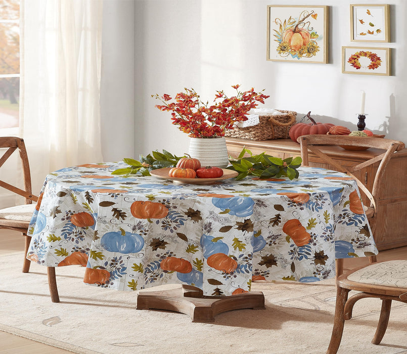 Blue Hampstead Farm Pumpkin Field Autumn and Thanksgiving Vinyl Flannel Back Tablecloth by Newbridge