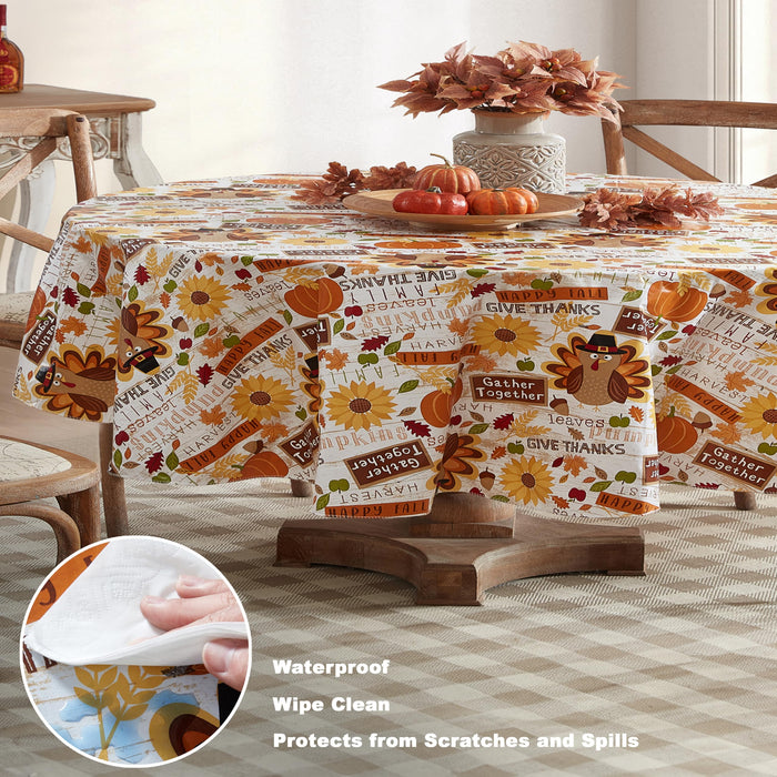 Happy Thanksgiving Turkey Vinyl Flannel Backed Tablecloth, Whimsical Fall Harvest by Newbridge