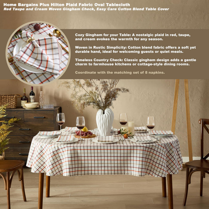 Home Bargains Plus Thanksgiving Hilton Plaid Fabric Tablecloth, Red Taupe Cream Woven Gingham Check Harvest Easy Care Cotton Blend Table Cover and Napkin