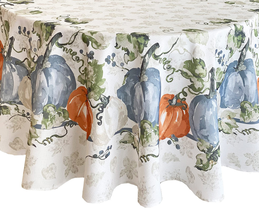 Blue Pumpkin Vines Stone Washed Thanksgiving Fabric Tablecloth, Napkins & Placemats