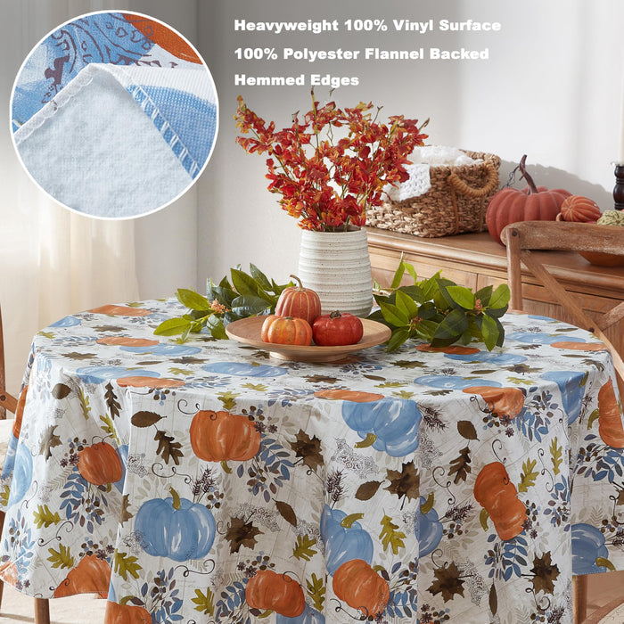 Blue Hampstead Farm Pumpkin Field Autumn and Thanksgiving Vinyl Flannel Back Tablecloth by Newbridge