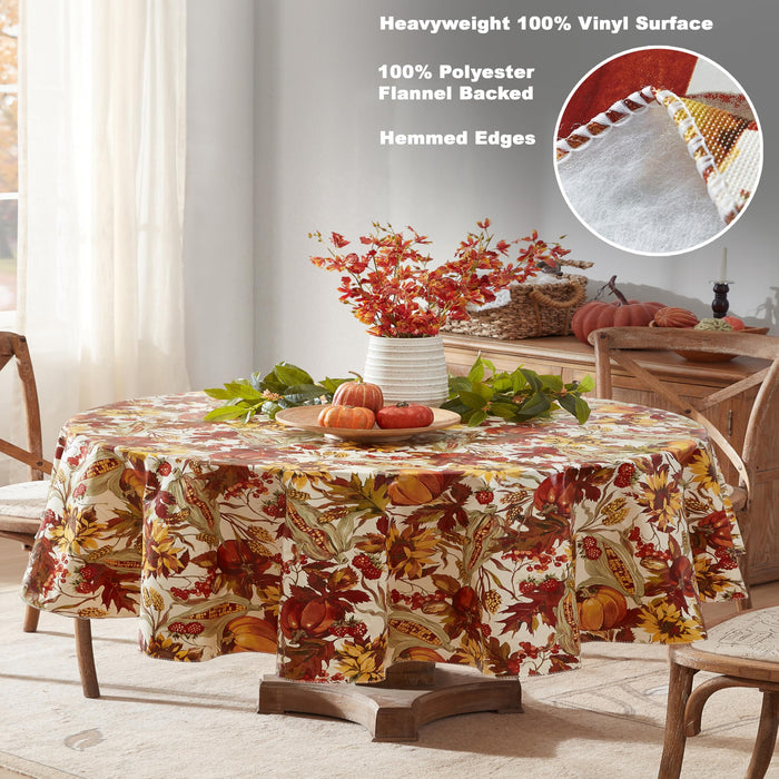 Fall Days Bountiful Harvest Vinyl Flannel Backed Tablecloth - Autumn Leaves, Sunflowers, Corn and Pumpkin Thanksgiving Vinyl Tablecloth by Newbridge