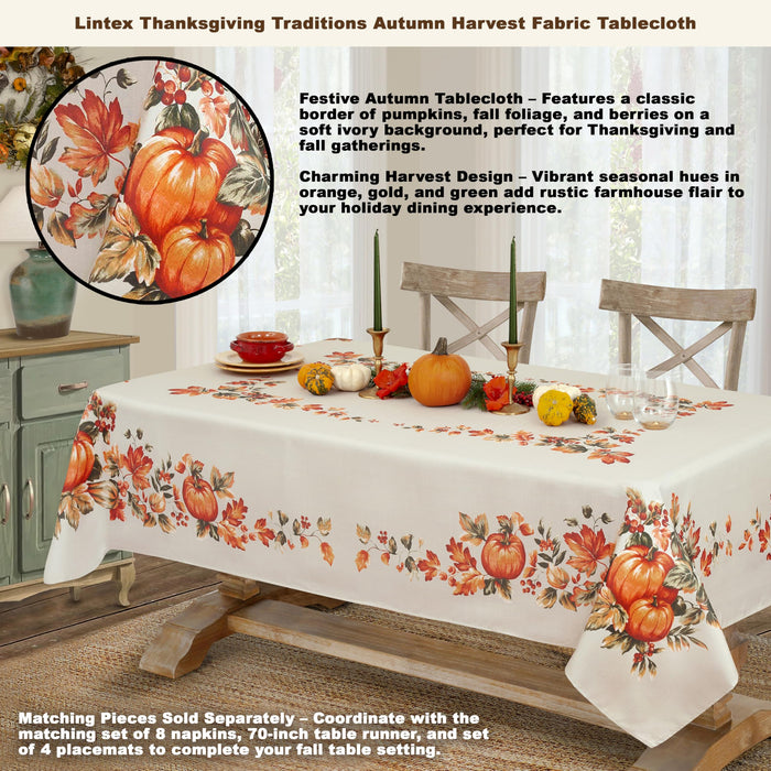 Thanksgiving Traditions Autumn Harvest Tablecloth, Fall Leaves & Pumpkin Border