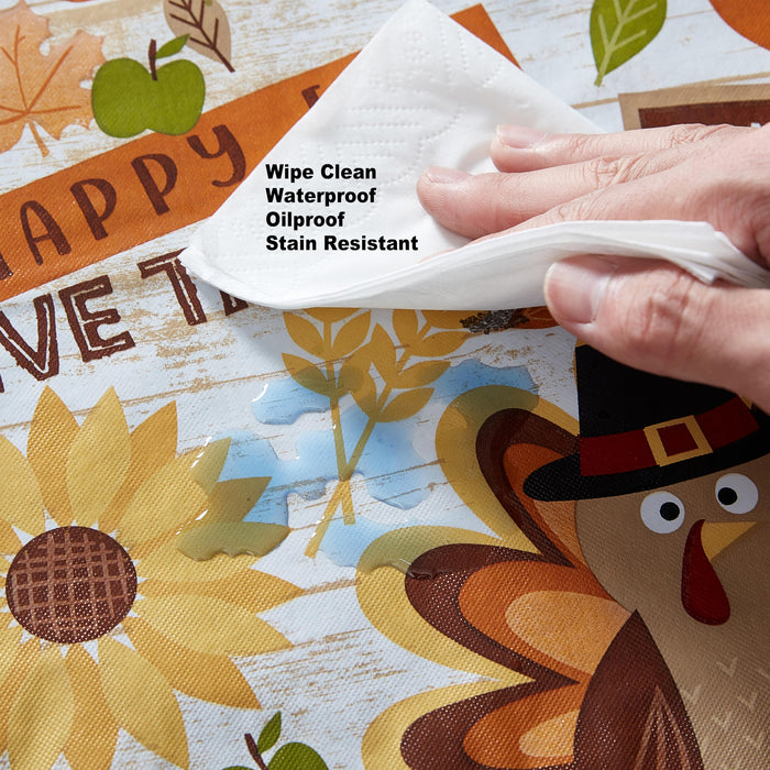 Happy Thanksgiving Turkey Vinyl Flannel Backed Tablecloth, Whimsical Fall Harvest by Newbridge