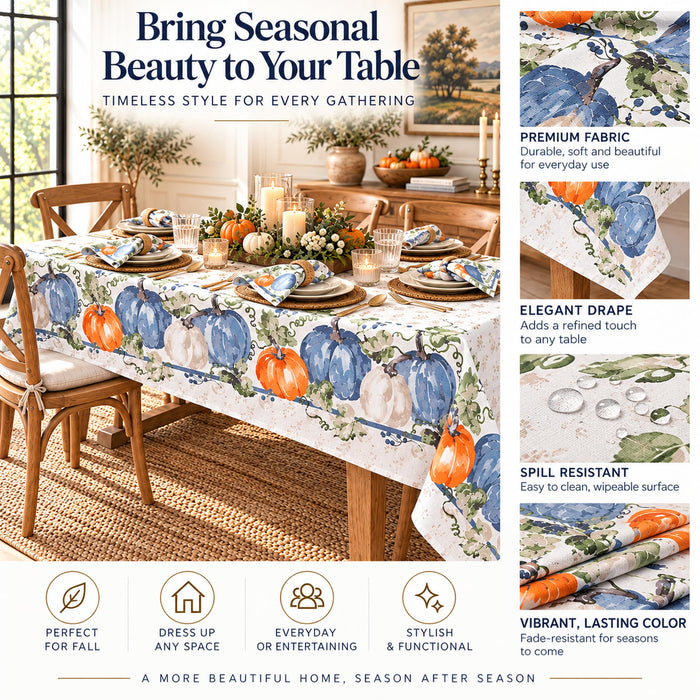 Blue Pumpkin Vines Stone Washed Thanksgiving Fabric Tablecloth, Napkins & Placemats