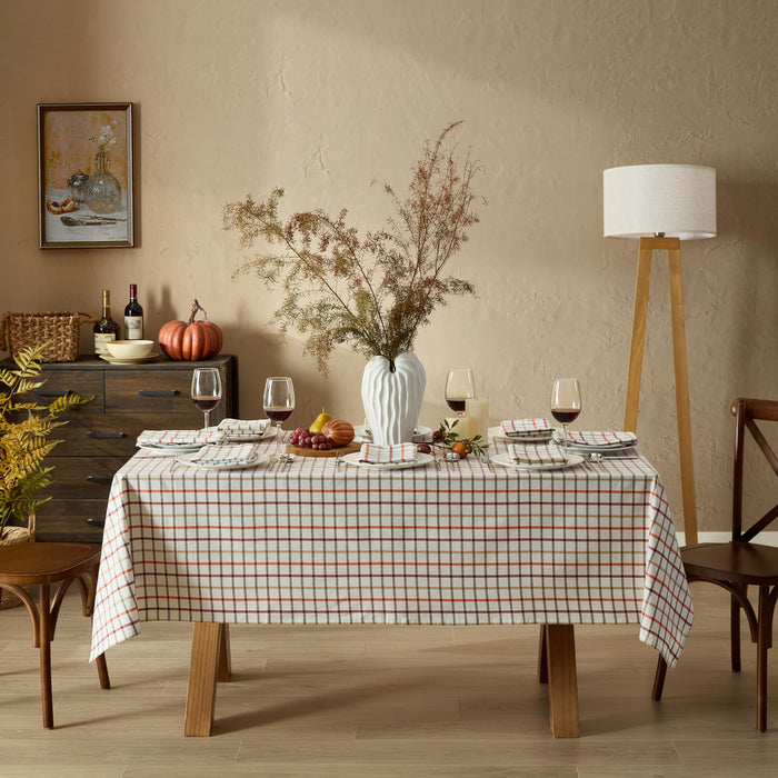 Home Bargains Plus Thanksgiving Hilton Plaid Fabric Tablecloth, Red Taupe Cream Woven Gingham Check Harvest Easy Care Cotton Blend Table Cover and Napkin