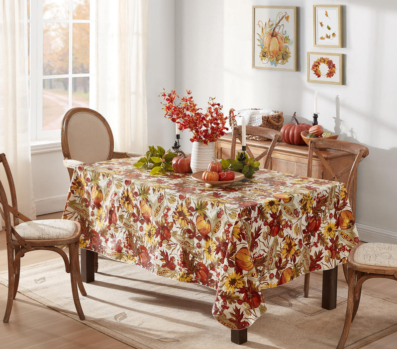 Fall Days Bountiful Harvest Vinyl Flannel Backed Tablecloth - Autumn Leaves, Sunflowers, Corn and Pumpkin Thanksgiving Vinyl Tablecloth by Newbridge