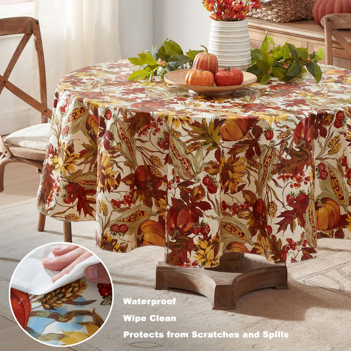 Fall Days Bountiful Harvest Vinyl Flannel Backed Tablecloth - Autumn Leaves, Sunflowers, Corn and Pumpkin Thanksgiving Vinyl Tablecloth by Newbridge
