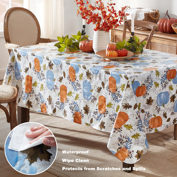 Blue Hampstead Farm Pumpkin Field Autumn and Thanksgiving Vinyl Flannel Back Tablecloth by Newbridge