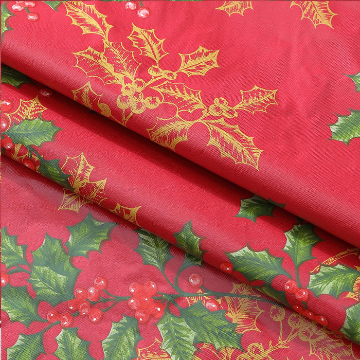 Newbridge Red Golden Holly Christmas Vinyl Tablecloth with Flannel Backing, Metallic Gold Holly & Berry Print, Wipe Clean Easy Care Table Cover